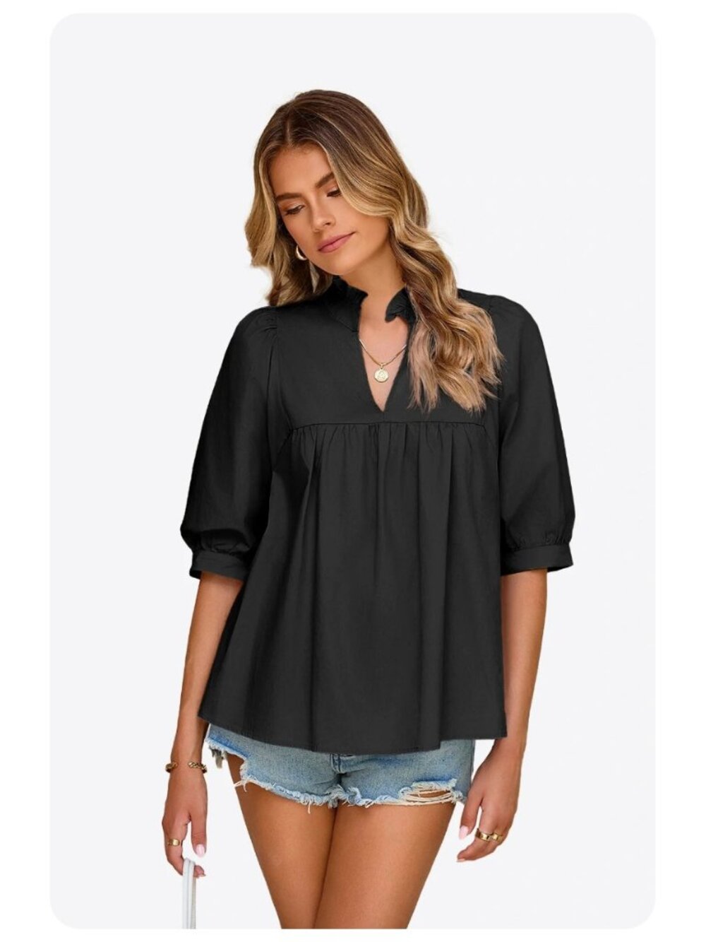 Cicy Bell Black Puff Sleeve V Neck Blouse sz M